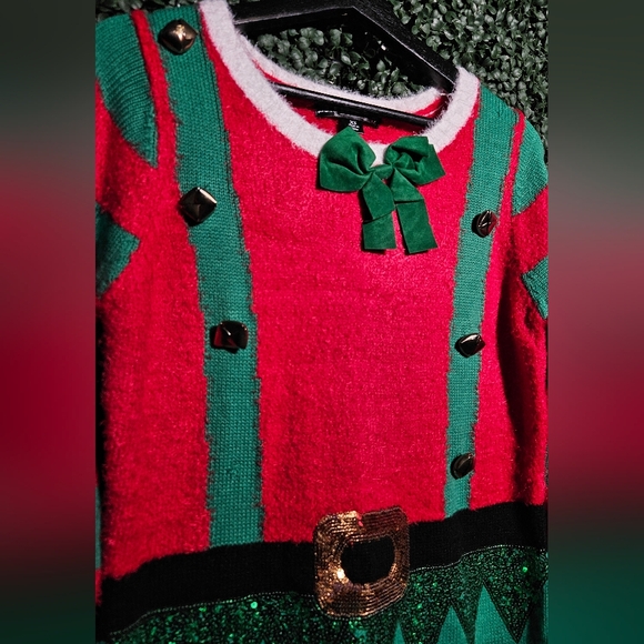 Festive Red and Green Dress With Jingle Bells And Suede Bow - Picture 3 of 5